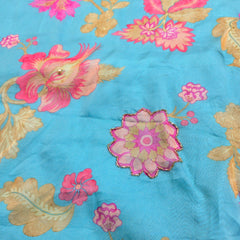 Multi-color Floral Digital Print on Sky Blue Organza Fabric with Handwork