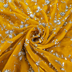 Mirha Hand Embroidered Yellow Golden Organza Shimmer Tissue with intricate Floral Sequin Embroidery