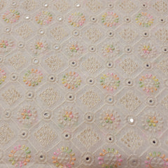Pastel Color Embroidered Off-White Dyeable Georgette Fabric in Geometric Pattern with Mirror Highlights