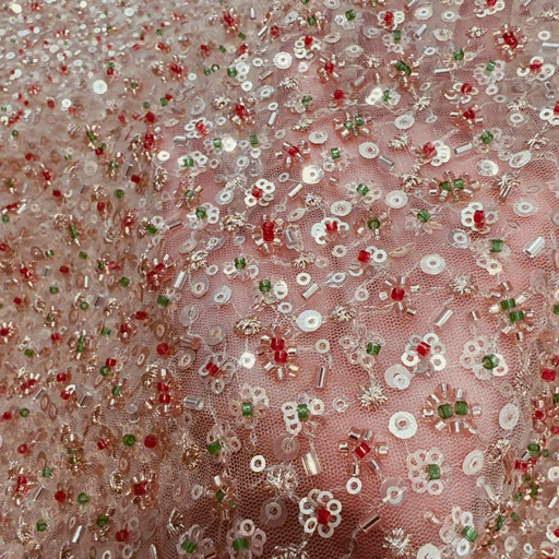 Embroidered Golden Net Fabric with Red, Green Golden all over Cutdana & Sequin work