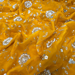 Mirha Hand Embroidered Gold Yellow Organza Shimmer Tissue with Floral Sequin Embroidery