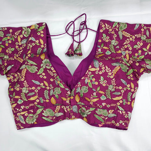Embroidered Purple Silk Brocade Blouse with Curvy V Neckline