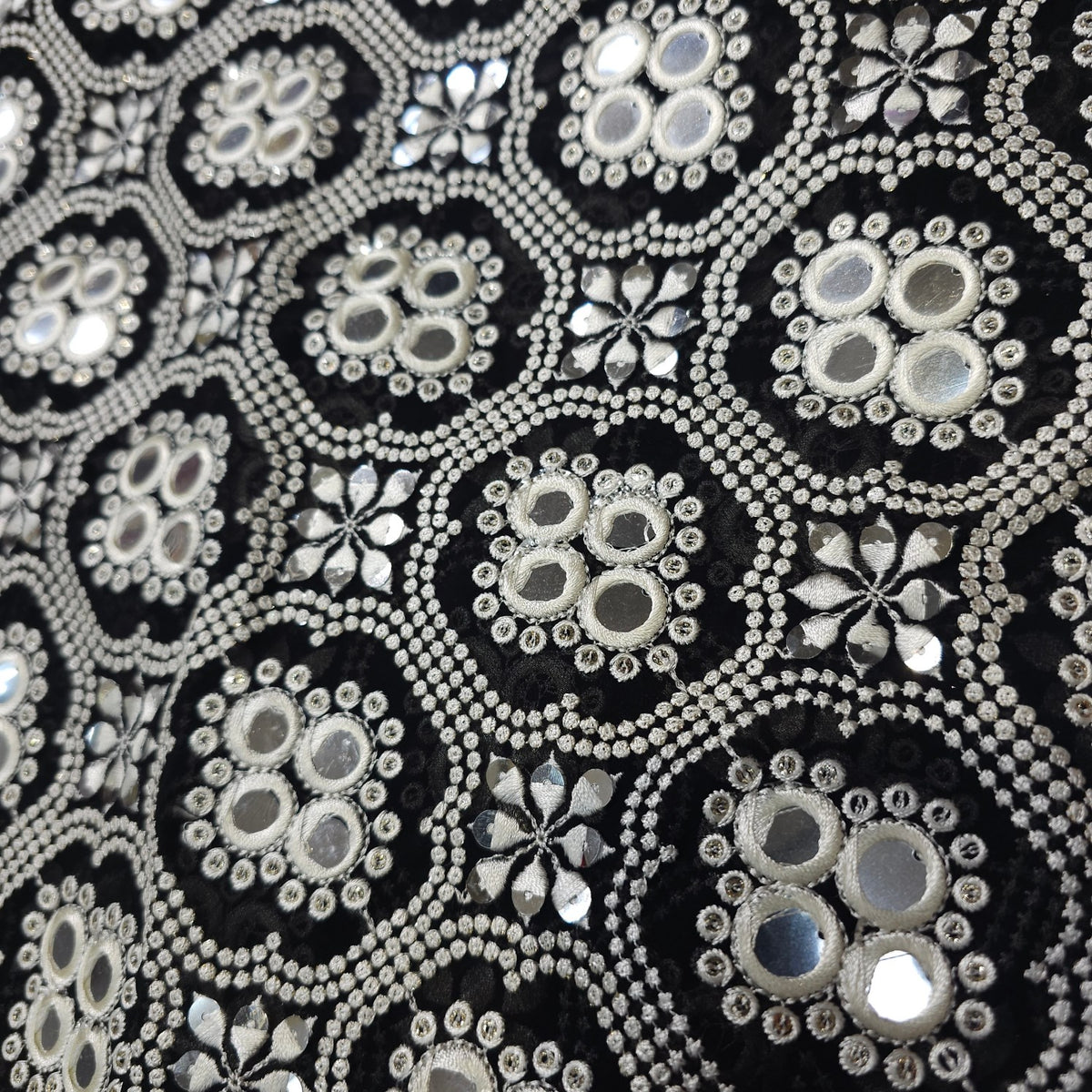 Black Georgette Fabric with Intricate White Resam Embroidery and Mirrorwork