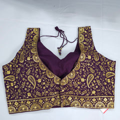 Embroidered Wine Silk Blouse with Attached Sleeves and Curvy V Neckline