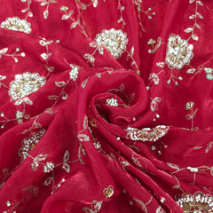 Mirha Hand Embroidered Rich Red Organza Shimmer Tissue with Floral Sequin Embroidery