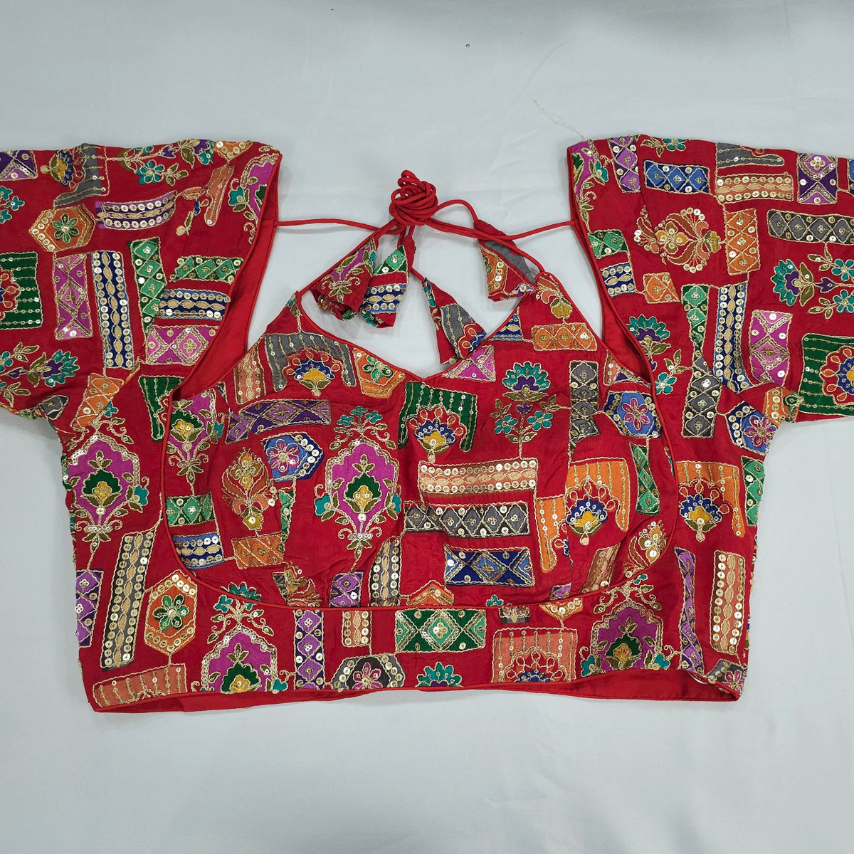 Embroidered Red Blouse - Sweetheart Neckline with tie -up dori