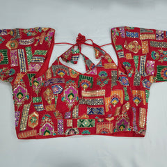 Embroidered Red Blouse - Sweetheart Neckline with tie -up dori