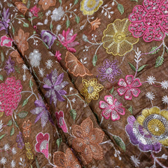 Multi-color Floral Resham work on Brown Soft Organza with Sequin Highlights