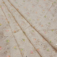 Pastel Color Embroidered Off-White Dyeable Georgette Fabric in Geometric & Scallope Pattern with Mirror Highlights