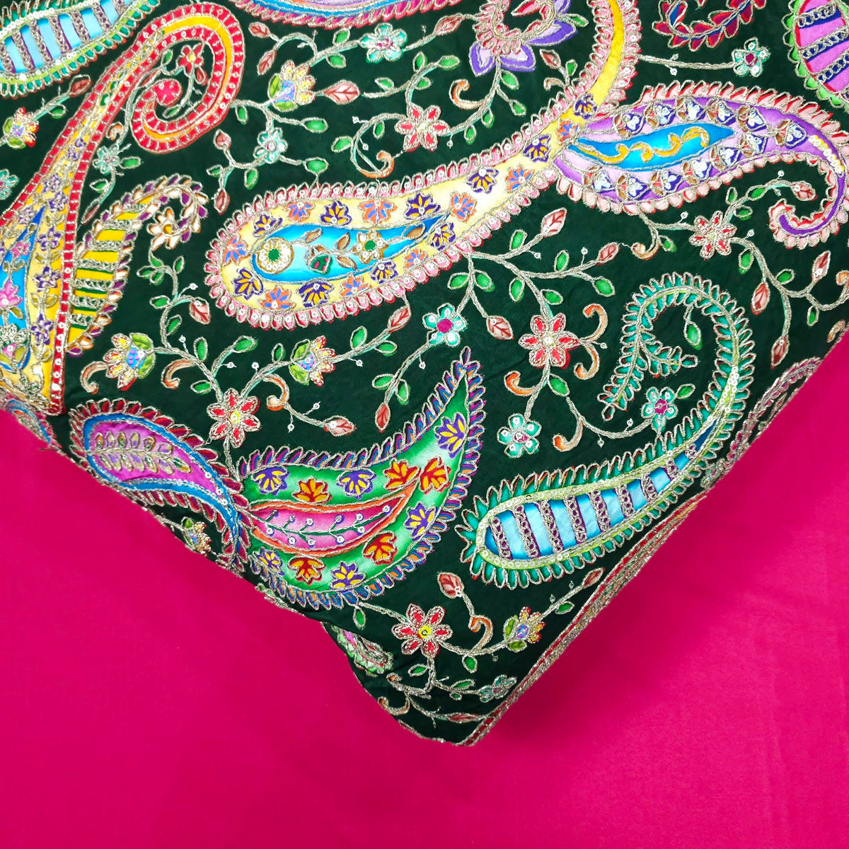 Dark Green Crepe Base Fabric with Multicolor Embroidery & Zari, Sequin work