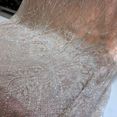 Salmon Pink Embroidered Net Fabric with Heavy Sequins, Beads & Pearl Work