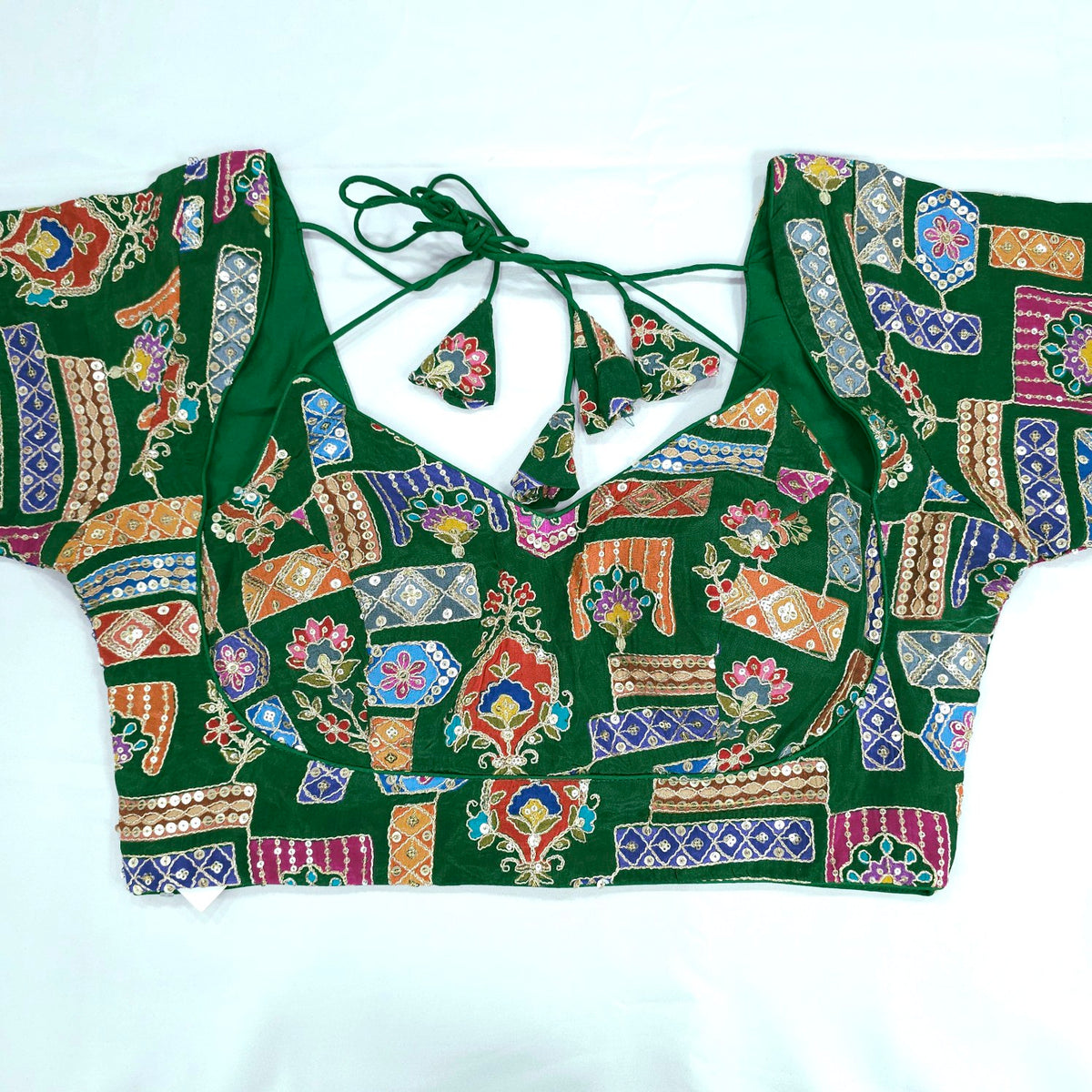 Embroidered Dark Green Blouse - Sweetheart Neckline with tie -up dori