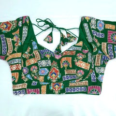 Embroidered Dark Green Blouse - Sweetheart Neckline with tie -up dori