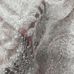 Salmon Pink Embroidered Net Fabric with Heavy Sequins, Beads & Pearl Work