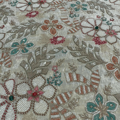 Embroidered Dyeable shimmer Tissue Fabric with White Cutdana & Multi-color Threadwork with Red & Green Kundan work