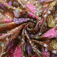 Multi-color Floral Resham work on Brown Soft Organza with Sequin Highlights