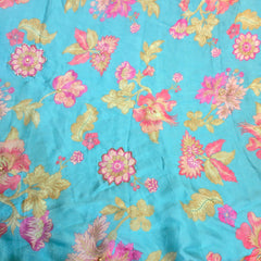 Multi-color Floral Digital Print on Sky Blue Organza Fabric with Handwork