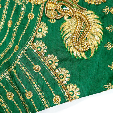 Embroidered Light Green Raw Silk Blouse with Round Neckline