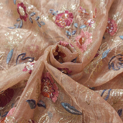 Embroidered Peach Color Crush Organza Fabric with Multi-color Intricate Floralwork